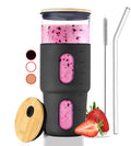 32 oz Black Glass Tumbler with Straw & Bamboo Lid, Silicone Sleeve, Reusable B...