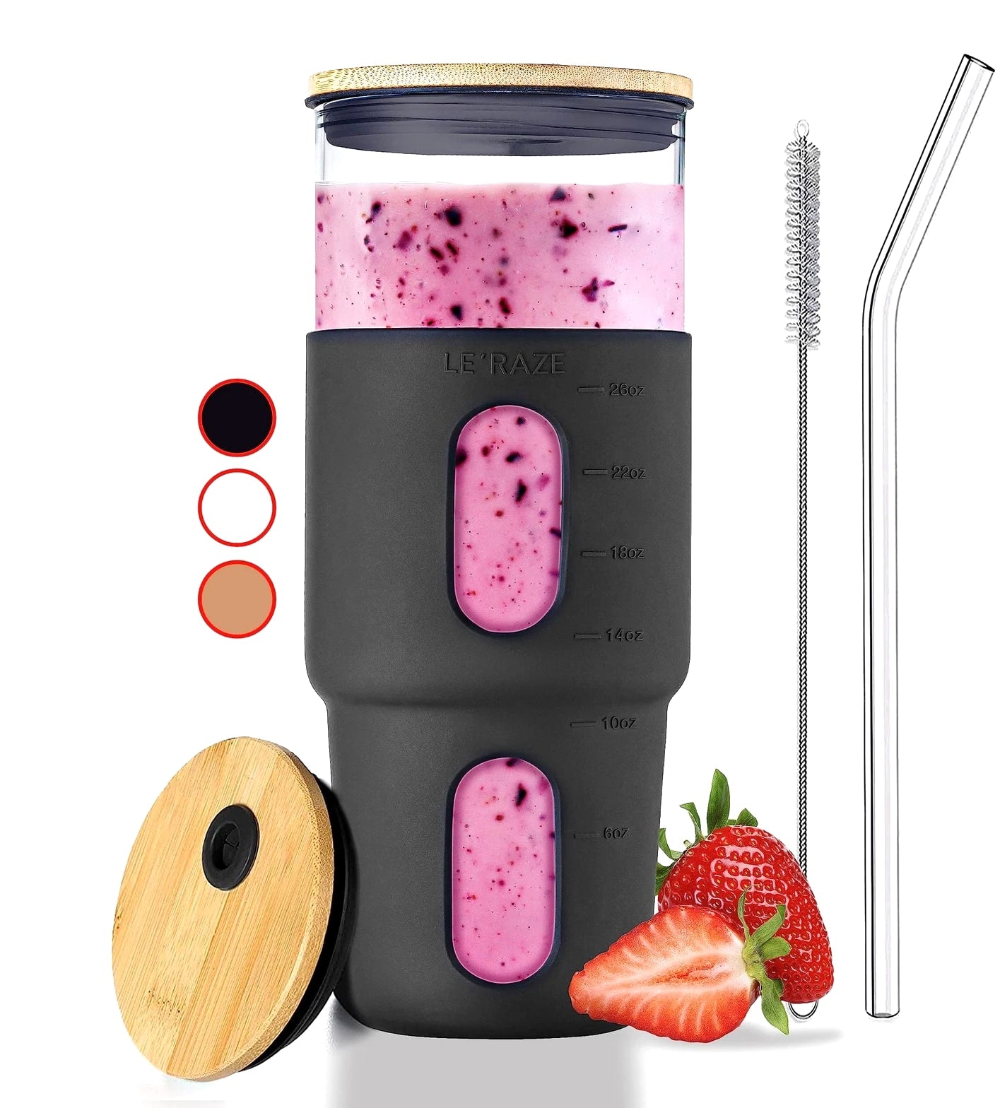 32 oz Black Glass Tumbler with Straw & Bamboo Lid, Silicone Sleeve, Reusable B...