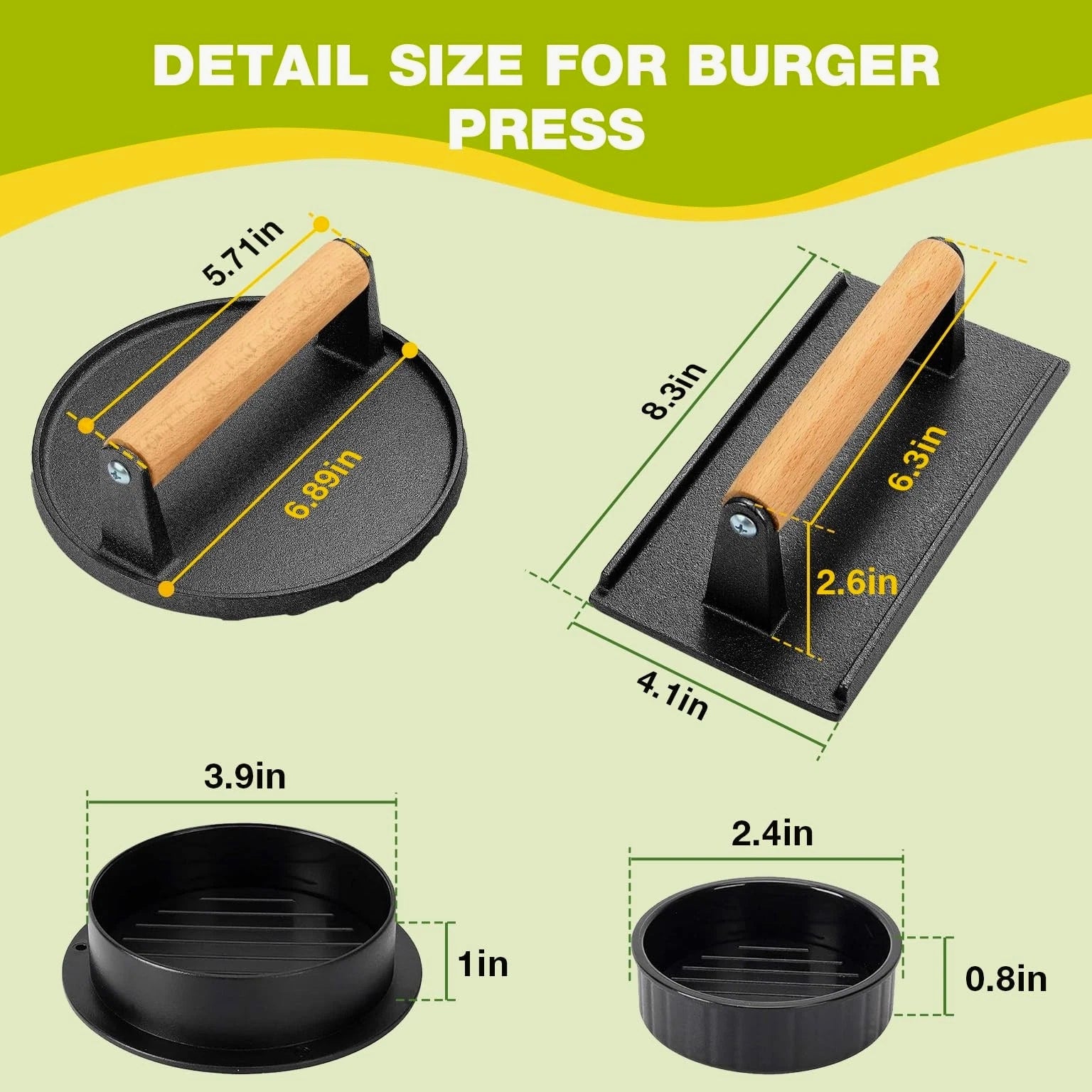 3PCS Smash Burger Press Kit, 6.8" Round & 8.3"x4.1" Rectangular Cast Iron Gri...