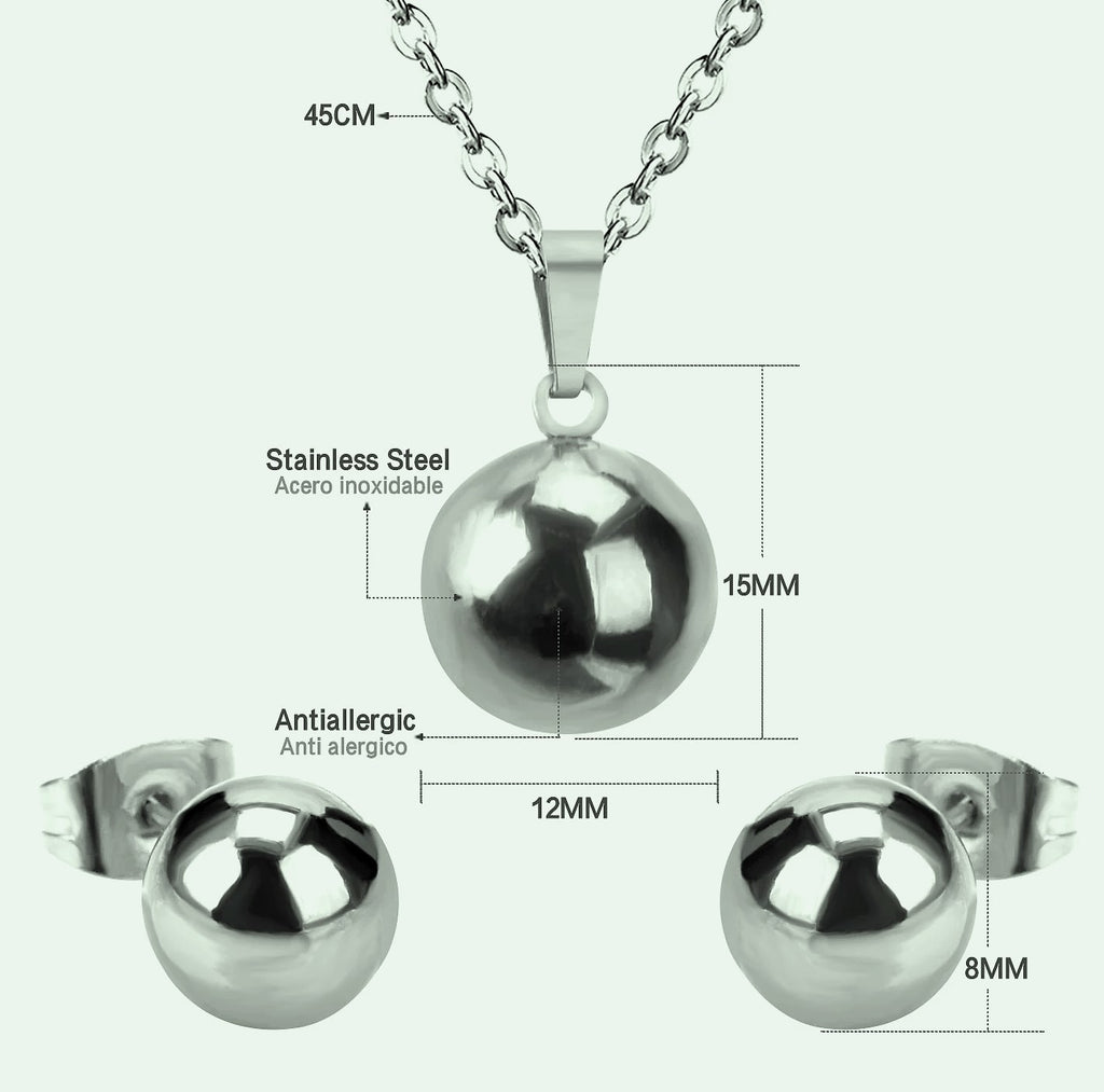 LUXUSTEEL Stainless Steel Round Ball Pendant Necklace Set