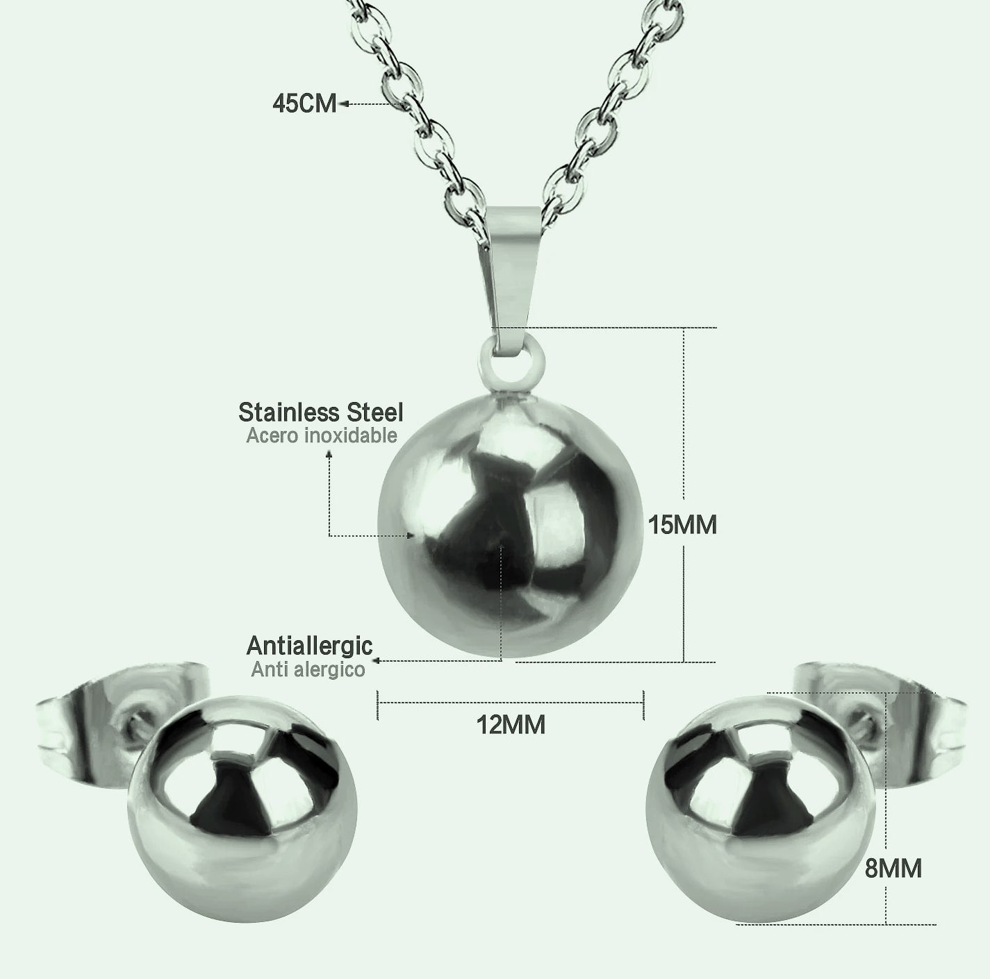 LUXUSTEEL Stainless Steel Round Ball Pendant Necklace Set