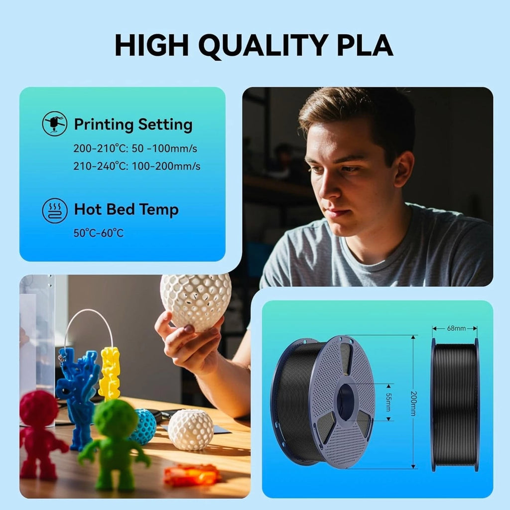 4 Black PLA Filament Spools - 1.75mm, 4kg, Smooth Quality Prints