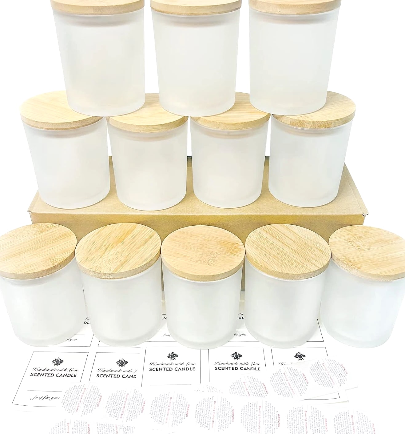 CONNOO 12 Pack 10 Oz Frosted Glass Candle Jars with Bamboo Lids for Candle Making