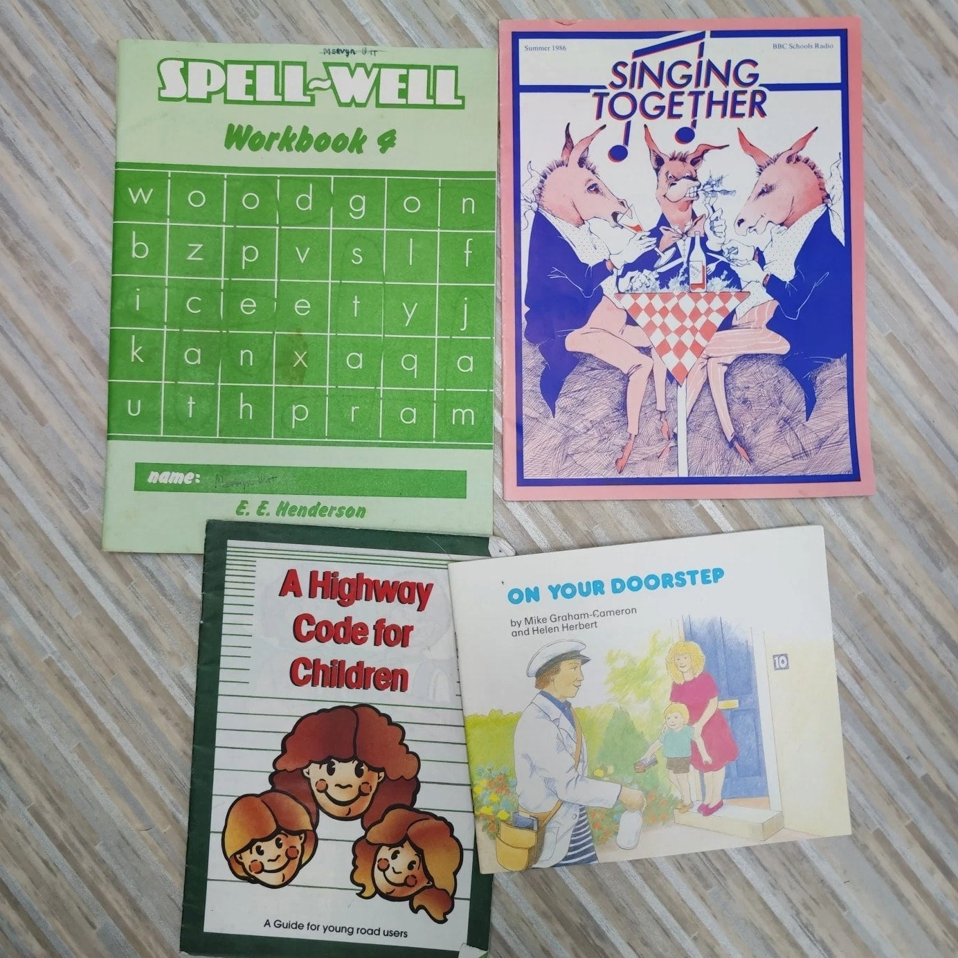 4 Pcs Vintage Textbooks Workbook Pamphlets 1980s Highway Code Spelling Singing
