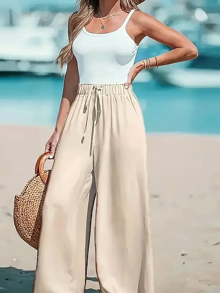 Cotton Linen Wide Leg Pants Women High Waist Drawstring