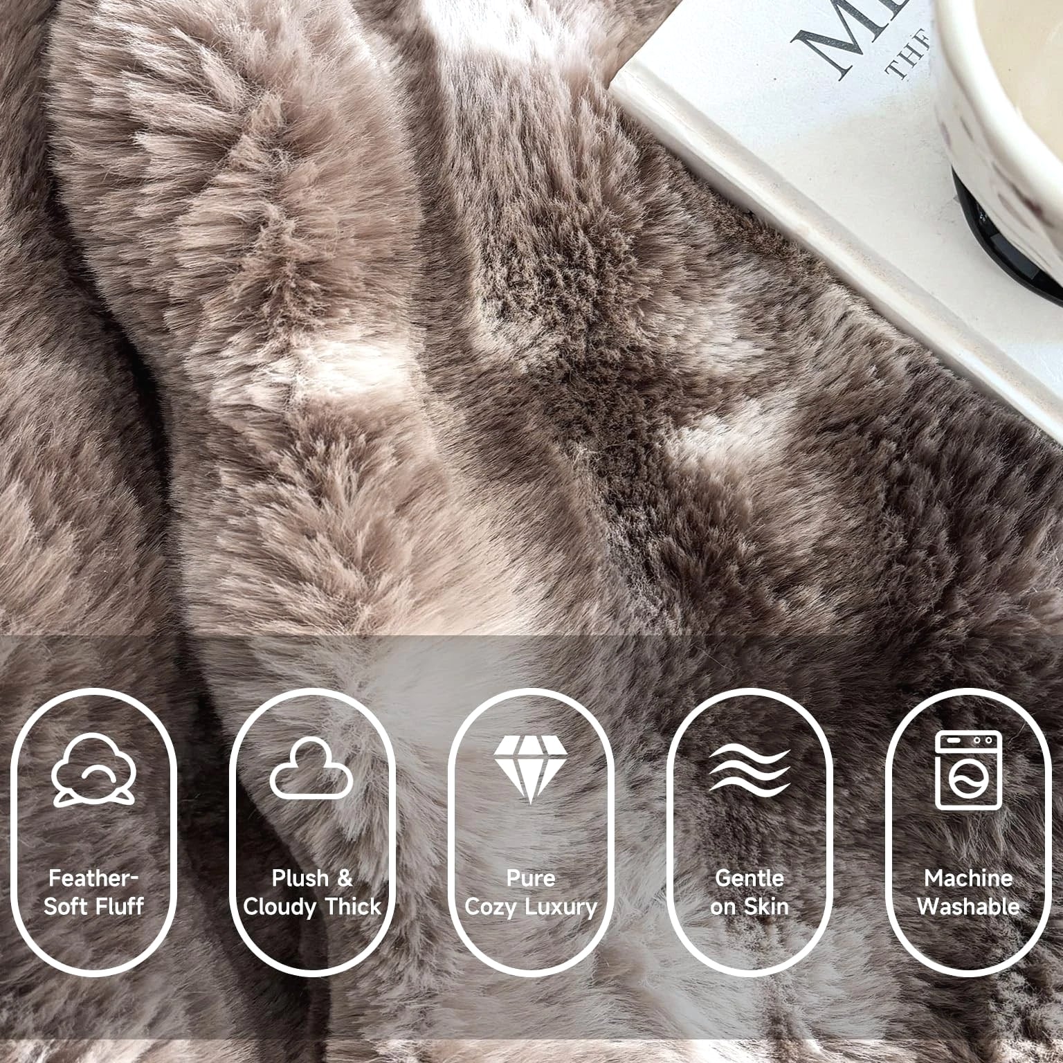 Luxury 1000GSM Faux Rabbit Fur Throw Blanket - Tie-Dye Brown, Ultra Soft Plush...