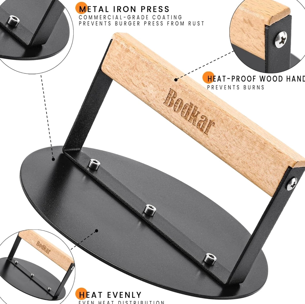 Elegant 6-Inch Smash Burger Press with Wood Handle for Perfect Grilling
