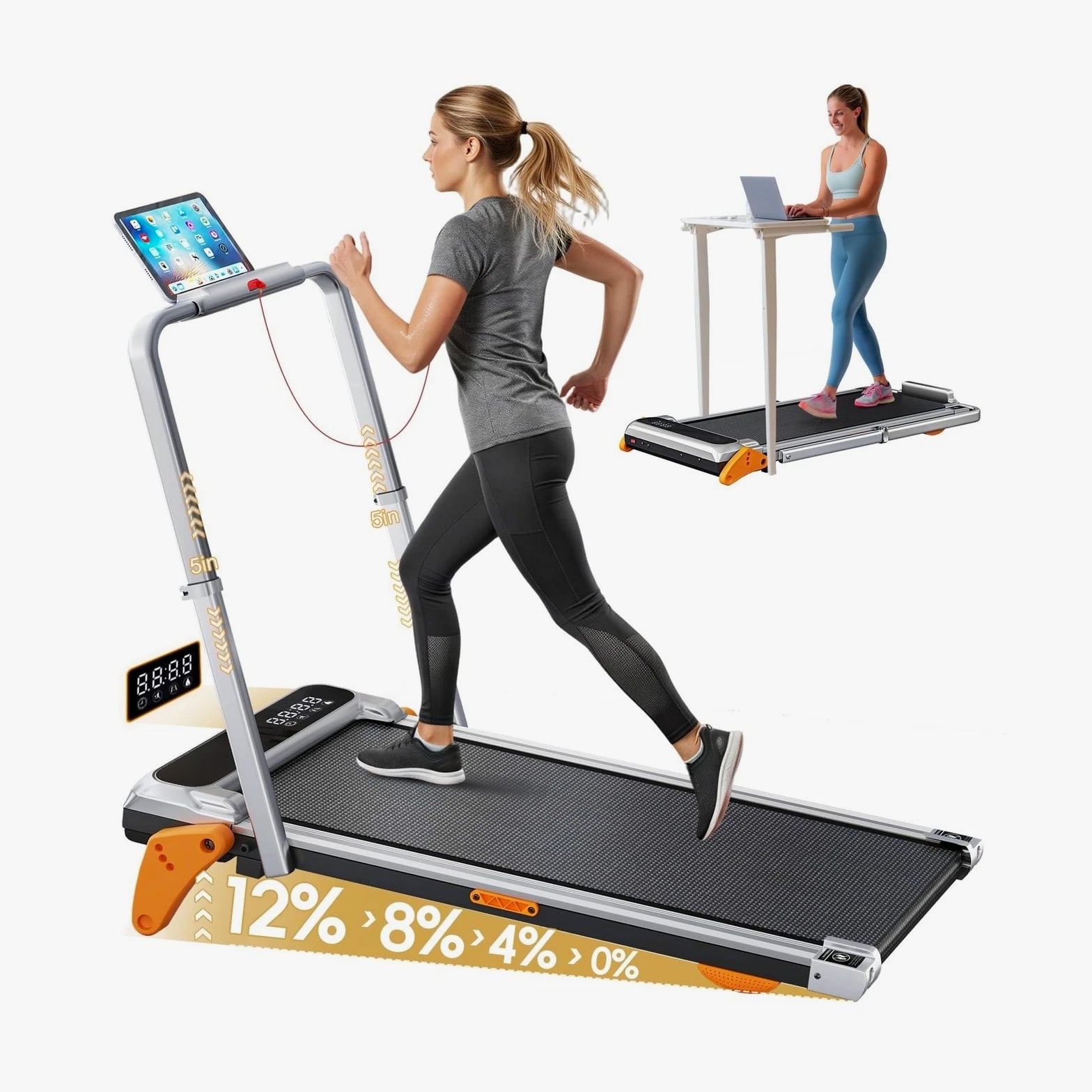 Walking Pad with Incline - Portable Treadmill with Handle Bar for Home Office U...