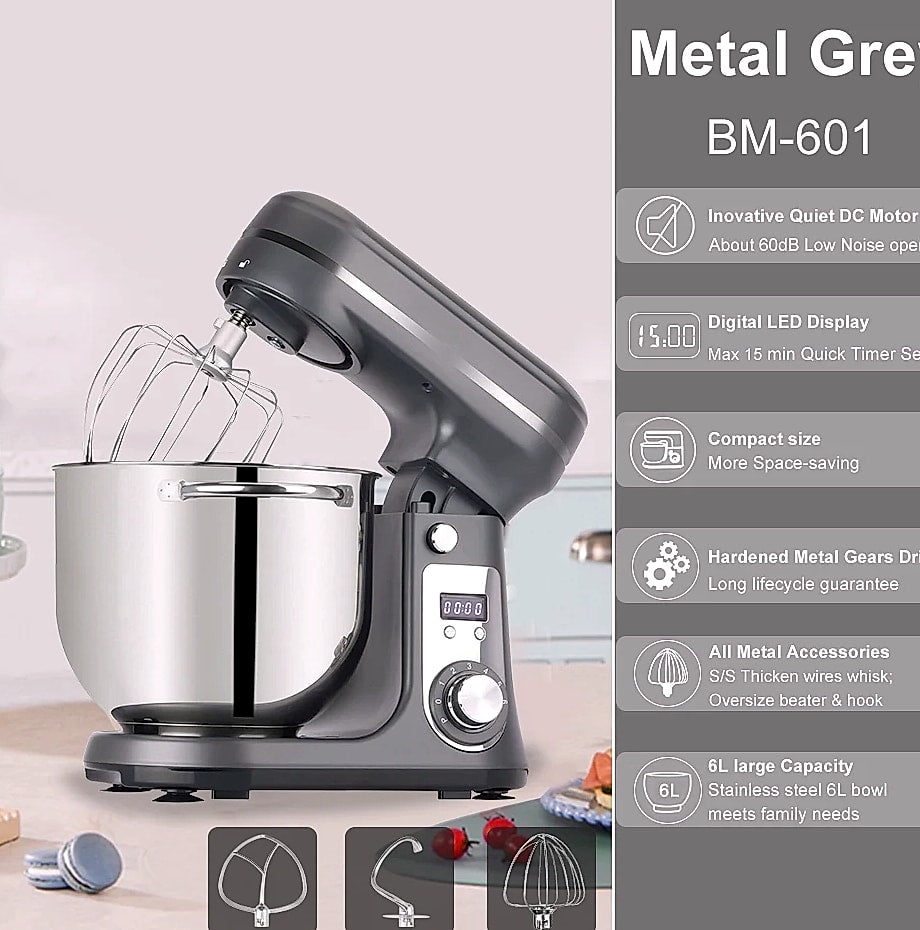 Biolomix 6L Stand Mixer, 1200W DC Motor, 6-Speed Dough Kneader