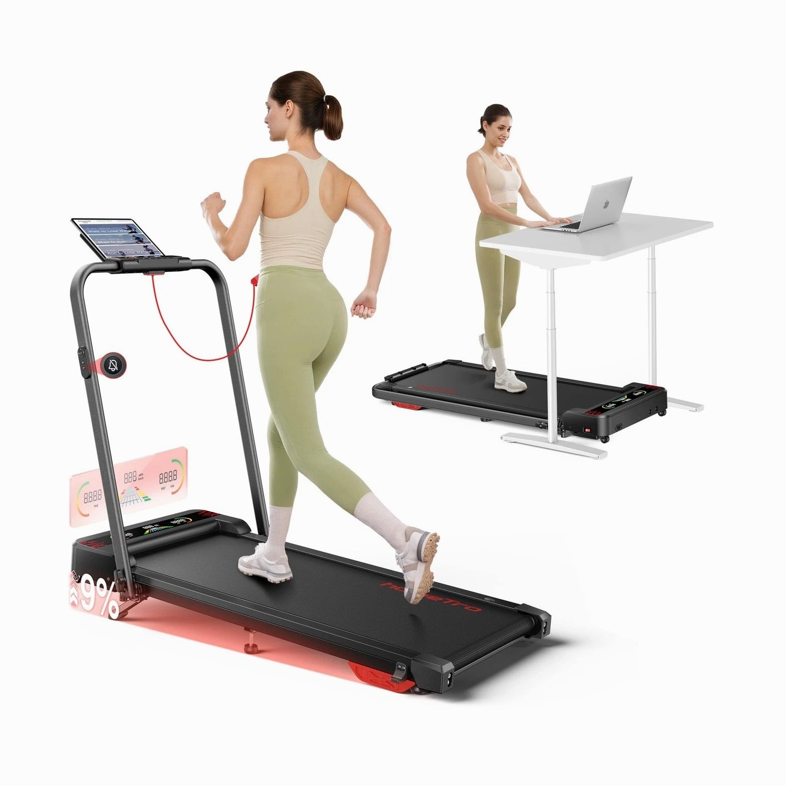 Walking Pad Treadmill with 9% Incline, Dual LED Display, 4 in 1 Foldable Tre...