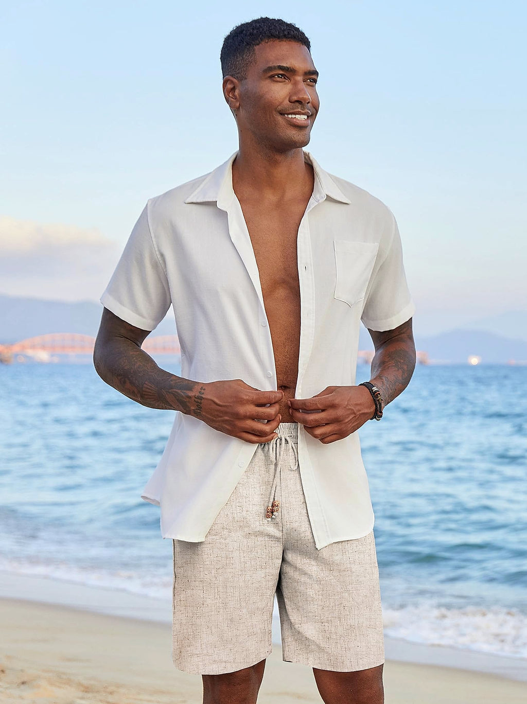 COOFANDY Men's Linen Shorts Elastic Waist Drawstring Loose Fit