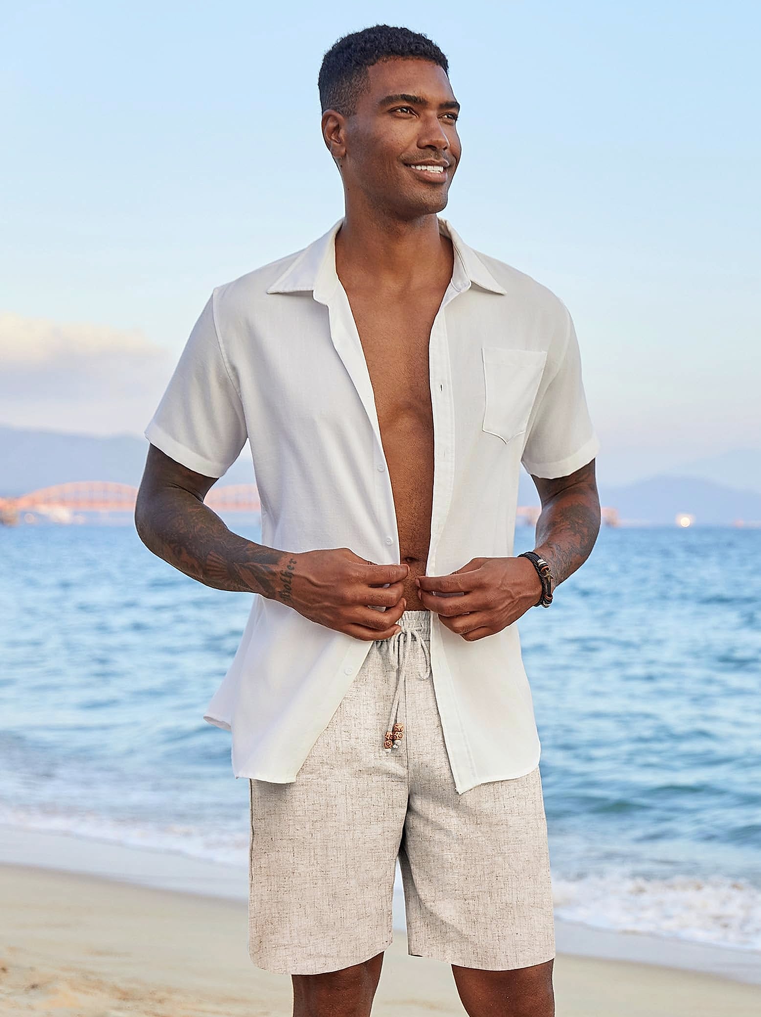 COOFANDY Men's Linen Shorts Elastic Waist Drawstring Loose Fit