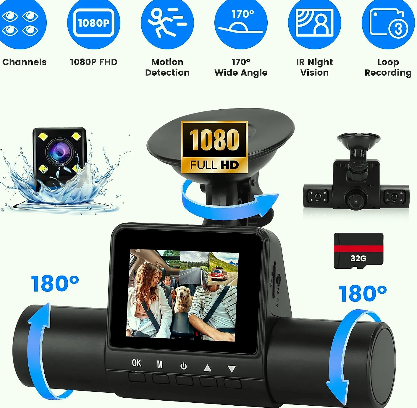 4 Channel 360° Dash Cam System 1080P Front 480P Interior