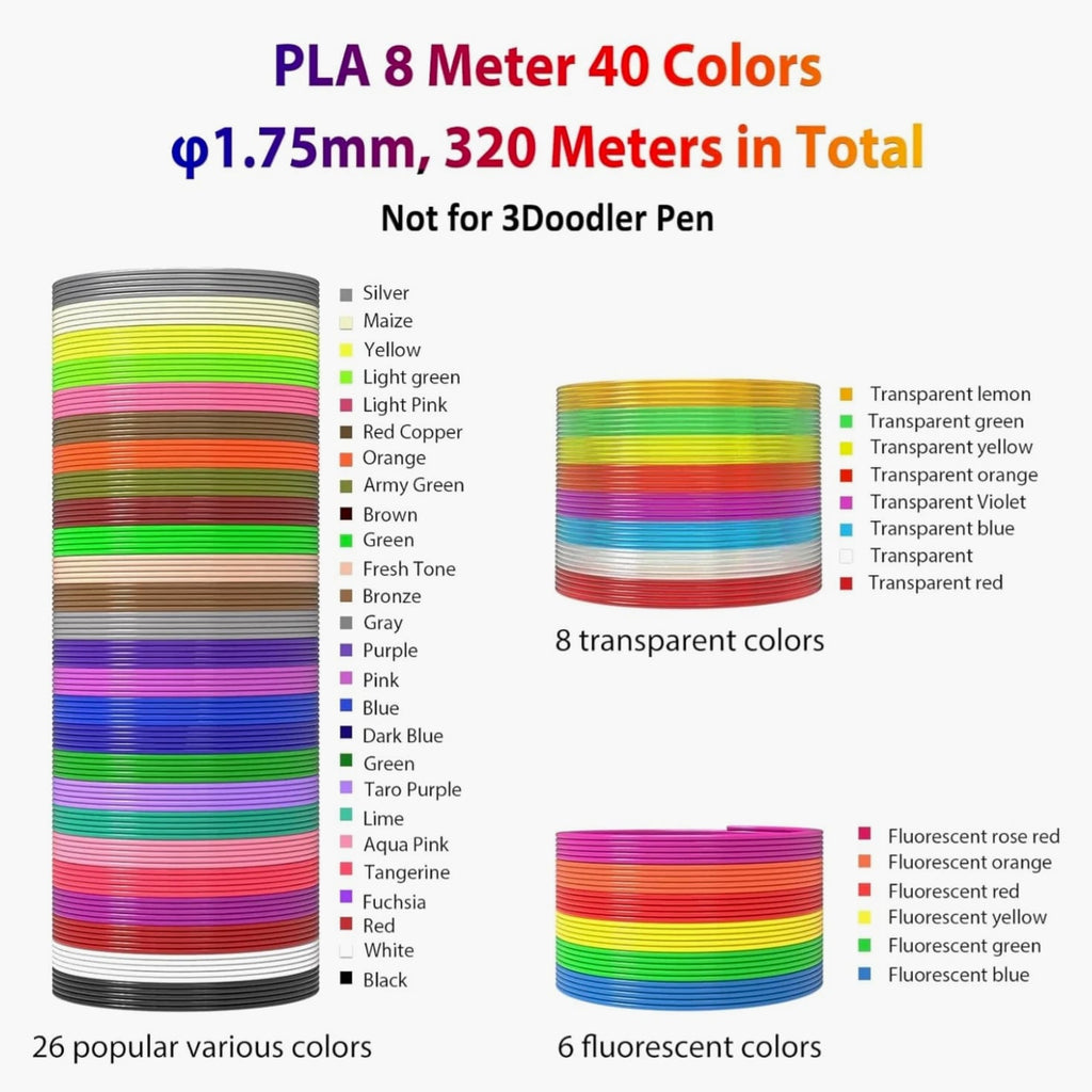 40 Colors 3D Pen Filament Refills 1.75mm PLA, Kid-Safe