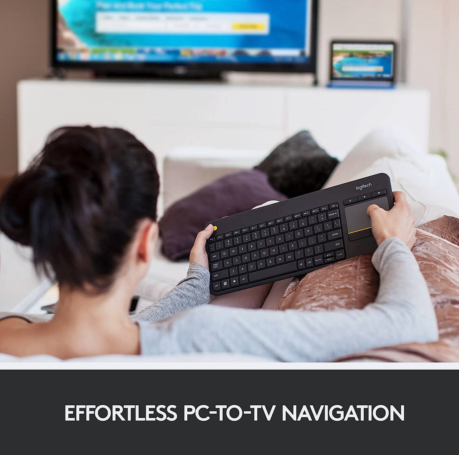 Logitech K400 Plus Wireless Touch TV Keyboard with Easy Media Control and Built-in Touchpad, HTPC Keyboard for PC-Connected TV, Windows, Android, ChromeOS, Laptop, Tablet - Black