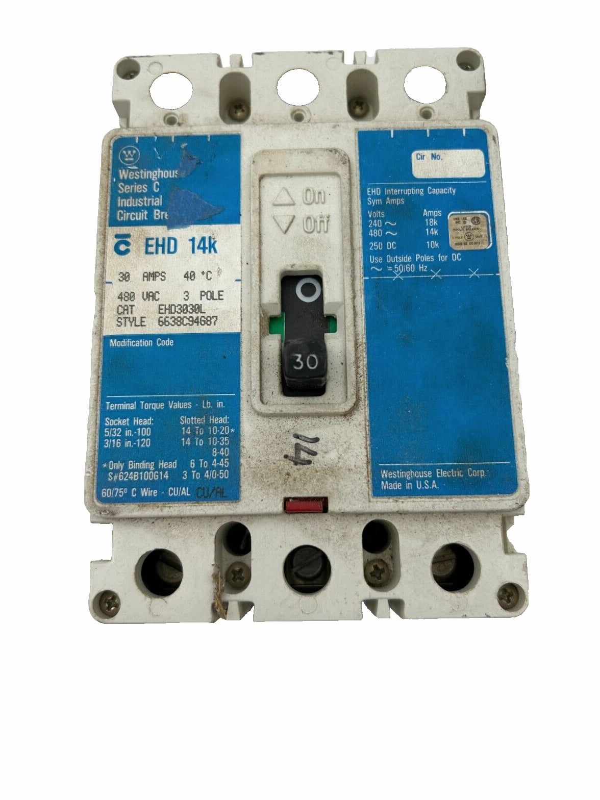 Westinghouse EHD3030L Circuit Breaker EHD 14K, 30A, 3P, 480 VAC-Industrial