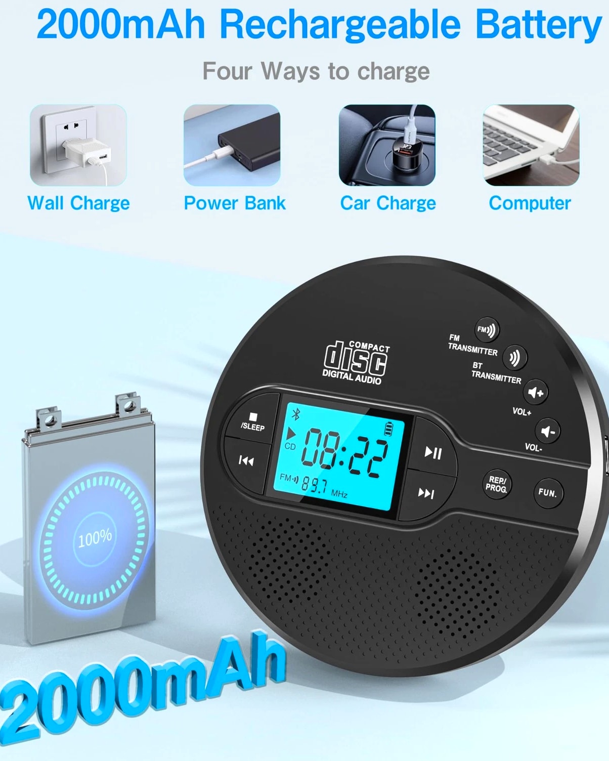 Portable CD Player with Bluetooth, Walkman CD Player with FM Transmitter and Spe