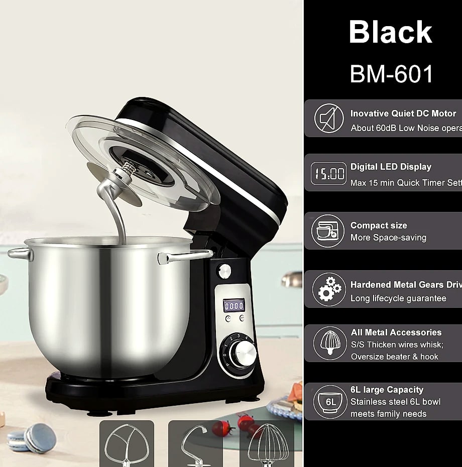 Biolomix 6L Stand Mixer, 1200W DC Motor, 6-Speed Dough Kneader
