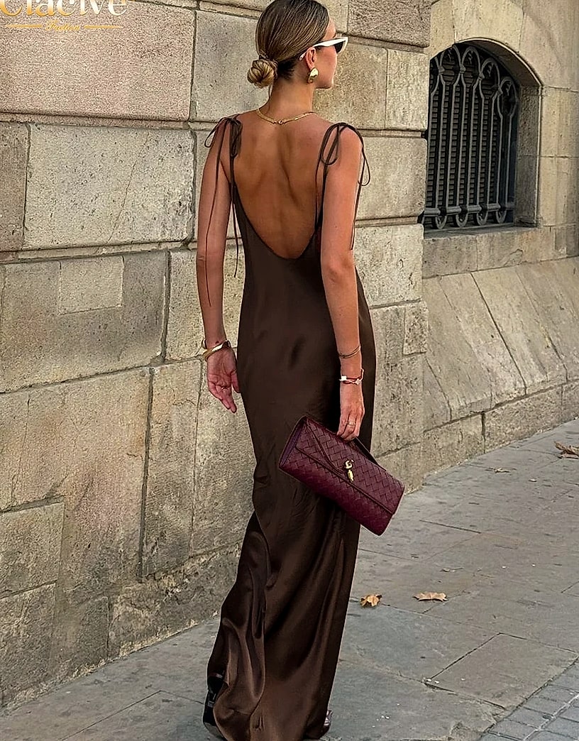 Clacive Brown Satin Floor Length Backless Dress
