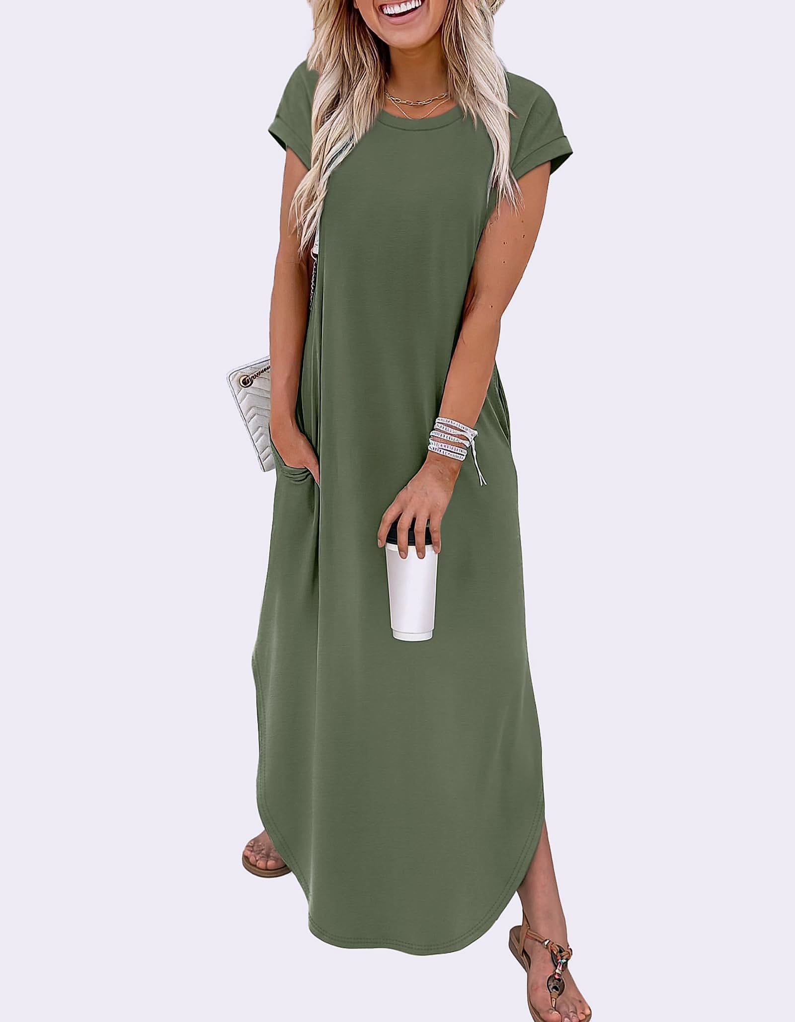 WIHOLL Summer Maxi Dress Cap Sleeve Crewneck with Pockets