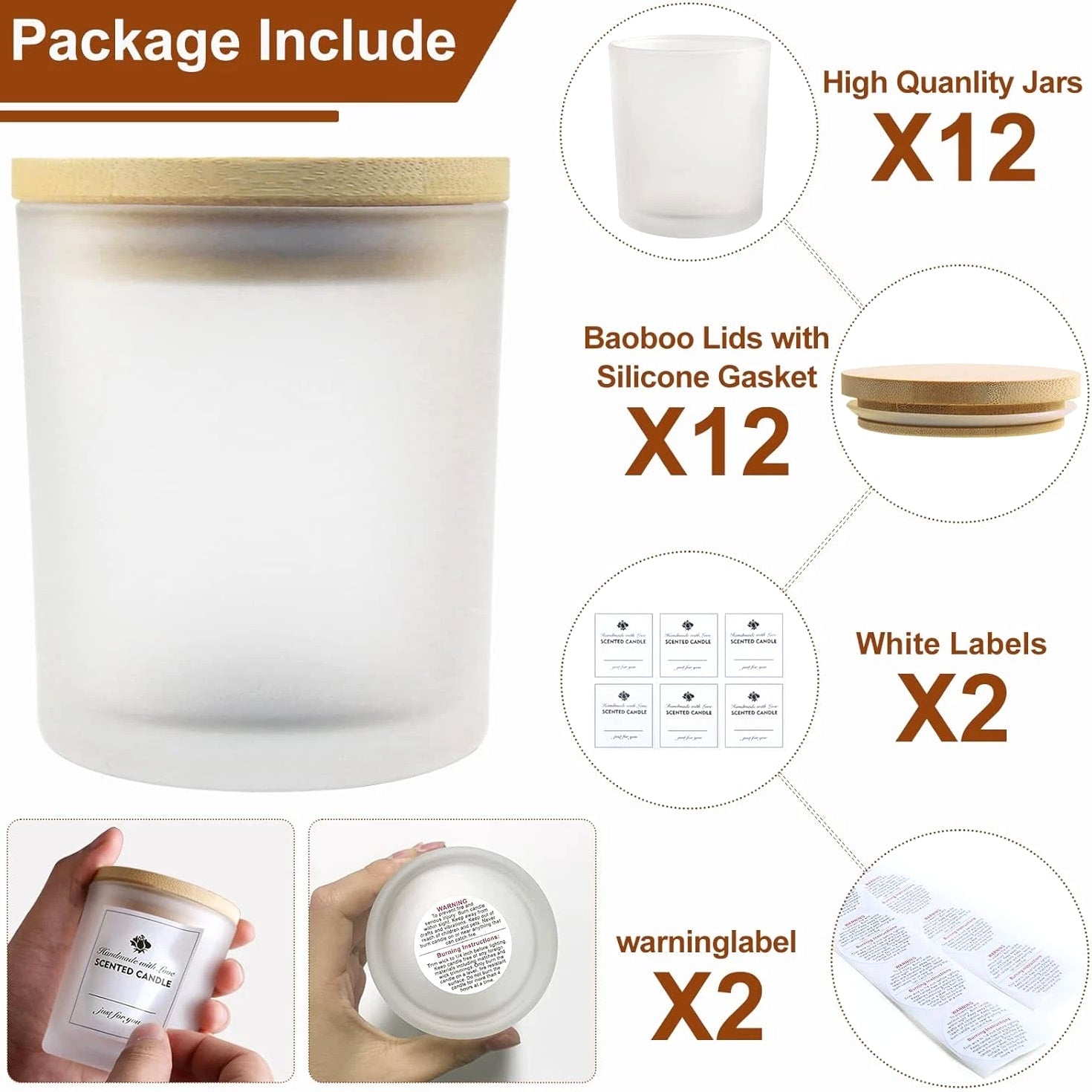CONNOO 12 Pack 10 Oz Frosted Glass Candle Jars with Bamboo Lids for Candle Making