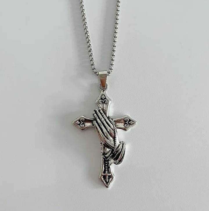 Stainless Steel Prayer Hands Cross Pendant Necklace
