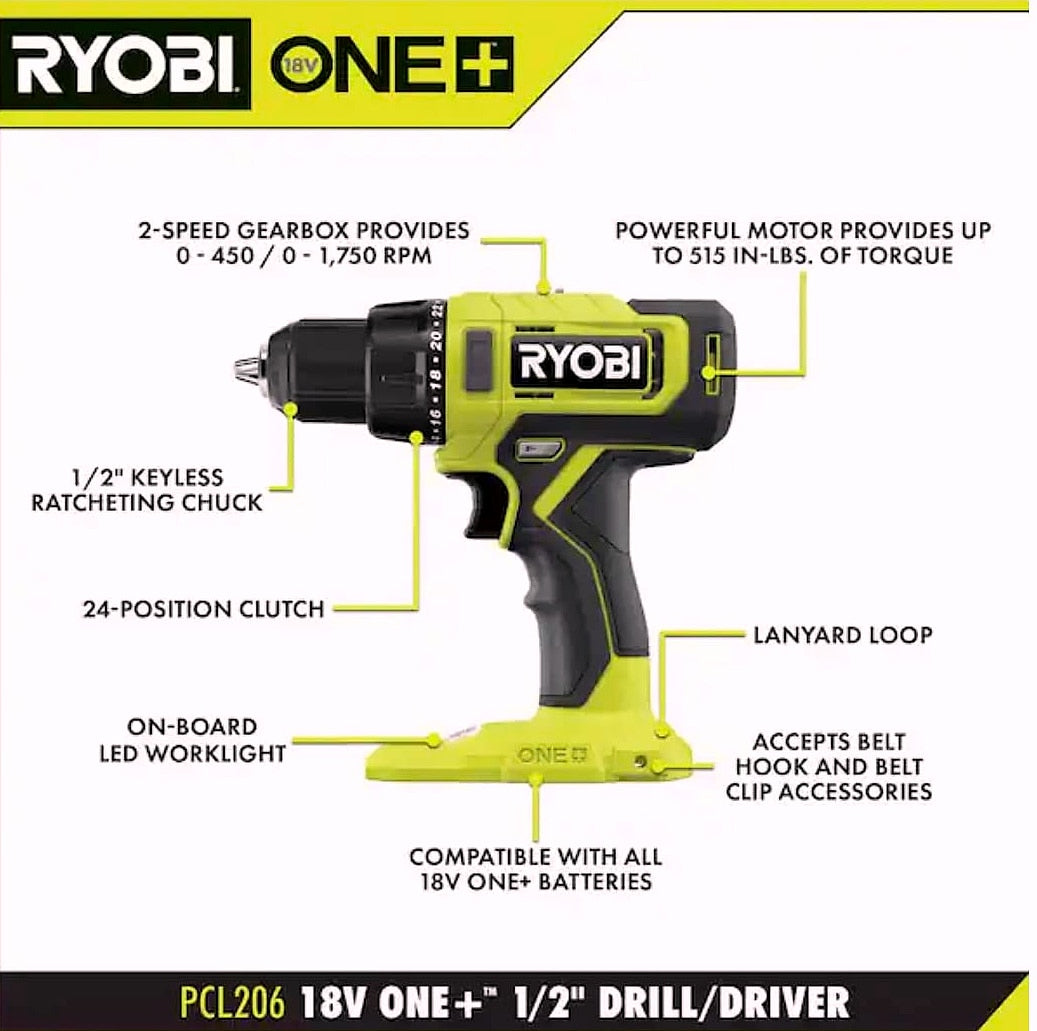 Ryobi ONE+ 18V Cordless 1/2in Drill Driver PCL206B