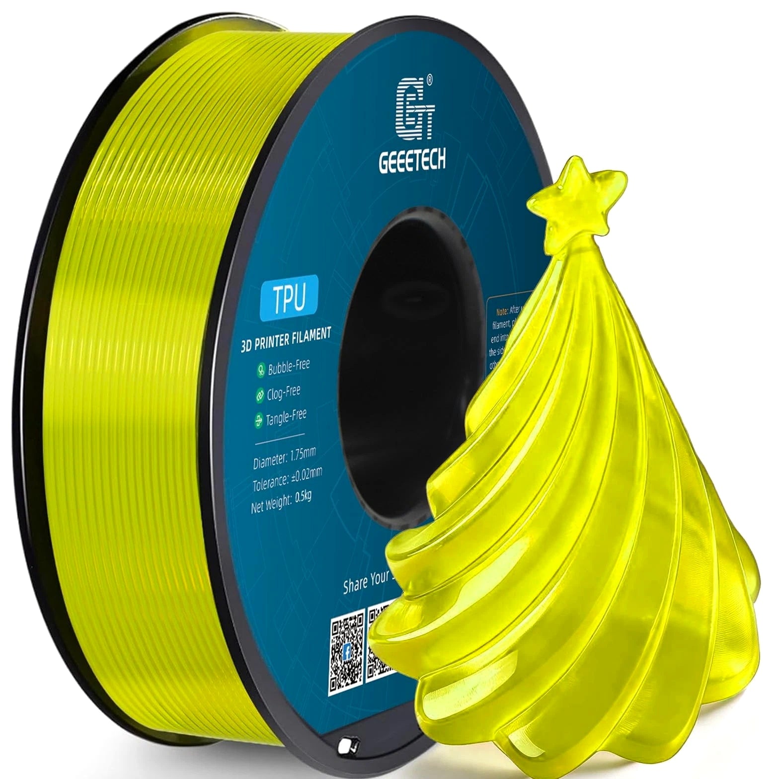 Geeetech TPU Filament 1.75mm, Shore 95A Flexible 3D TPU, Clear Yellow
