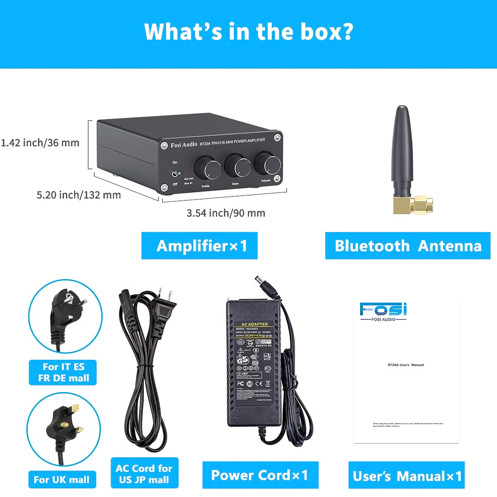 Fosi Audio BT20A Bluetooth 5.0 Stereo Audio 2.0CH Amplifier Receiver Mini Hi-Fi