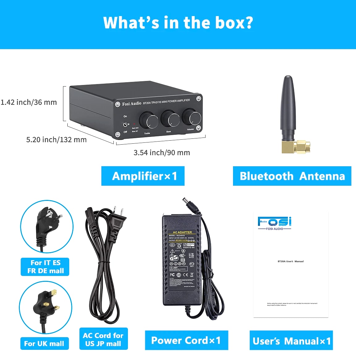 Fosi Audio BT20A Bluetooth 5.0 Stereo Audio 2.0CH Amplifier Receiver Mini Hi-Fi