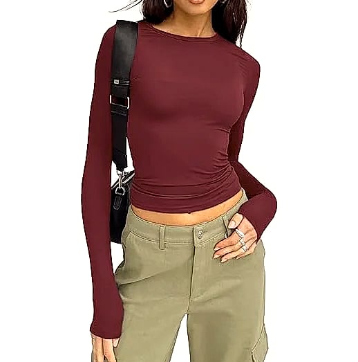 Women's Long Sleeve Crew Neck T-Shirt Slim Fit Solid Tee