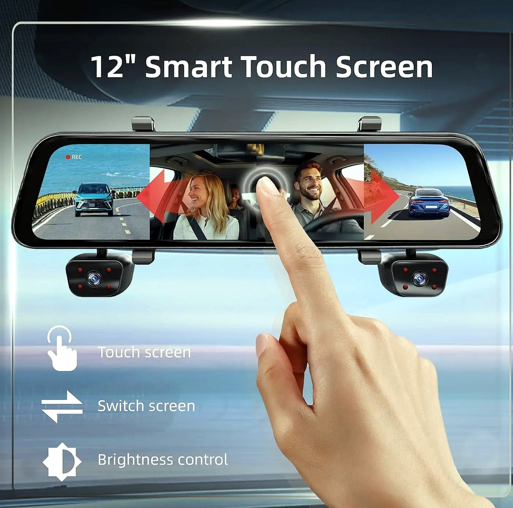 12 inch rear view mirror dash cam, 4 channel GPS WiFi