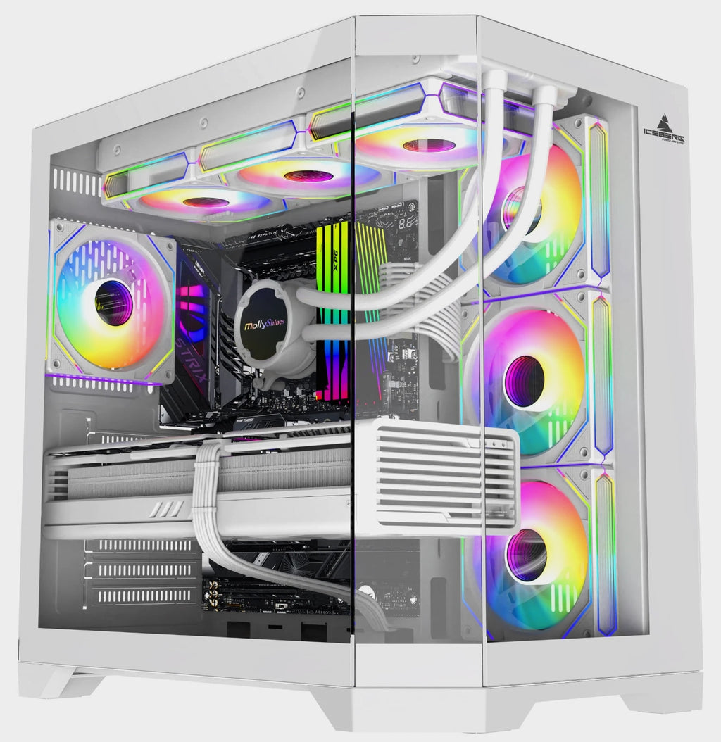 Iceberg Gaming PC Case Crystal Edge White Three Tempered Glass and seven fans