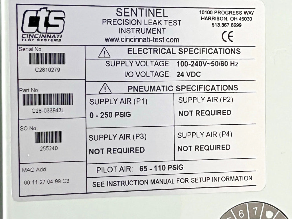 CTS Cincinnati Test Systems Sentinel C28 Precision Leak Tester C28-033943L *NEW*