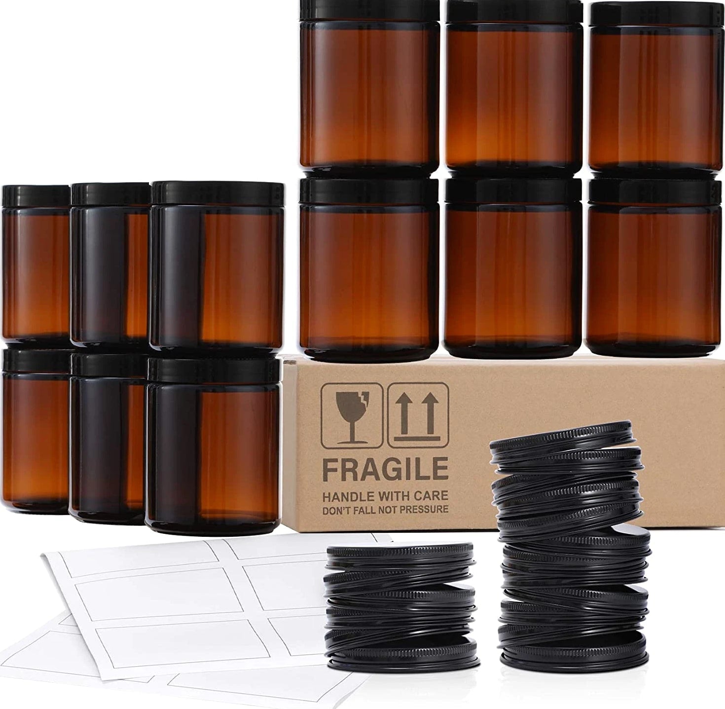 12 Pack 8 OZ Thick Glass Jars with Lids - Dark Amber Candle Jars with Metal & Plastic Lids
