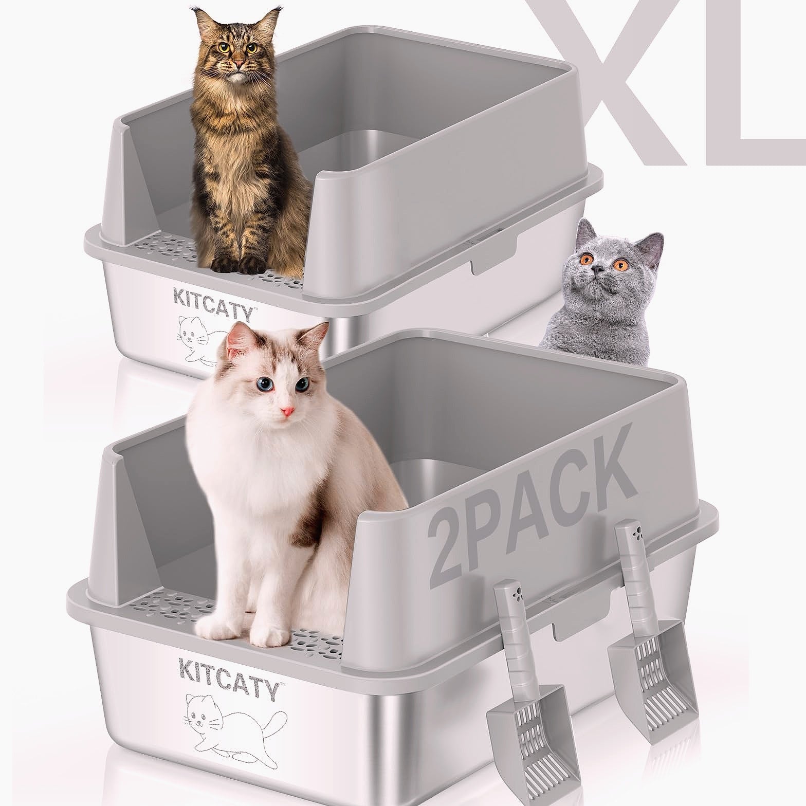 KITCATY Stainless Steel Litter Box 2-Pack XL for Large Cats