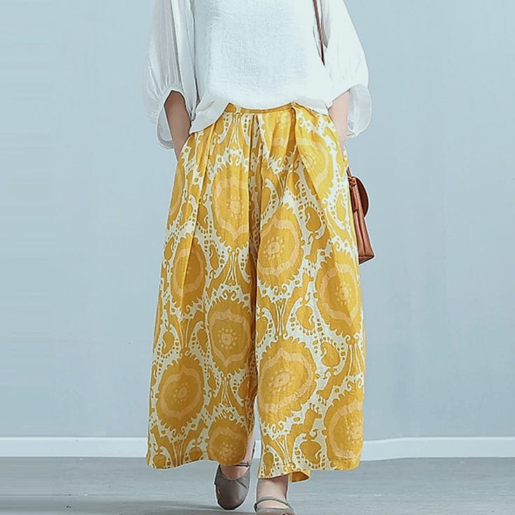 Yellow Linen Blend Wide-leg Casual Pants with Elastic Waist