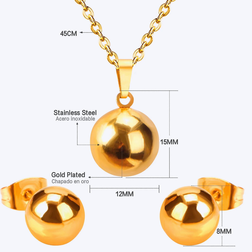 LUXUSTEEL Stainless Steel Round Ball Pendant Necklace Set