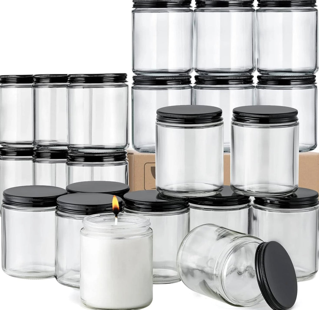 24 Pc, 8 OZ Thick Glass Jars with Metal Lids, Clear Round Candle Making Jars