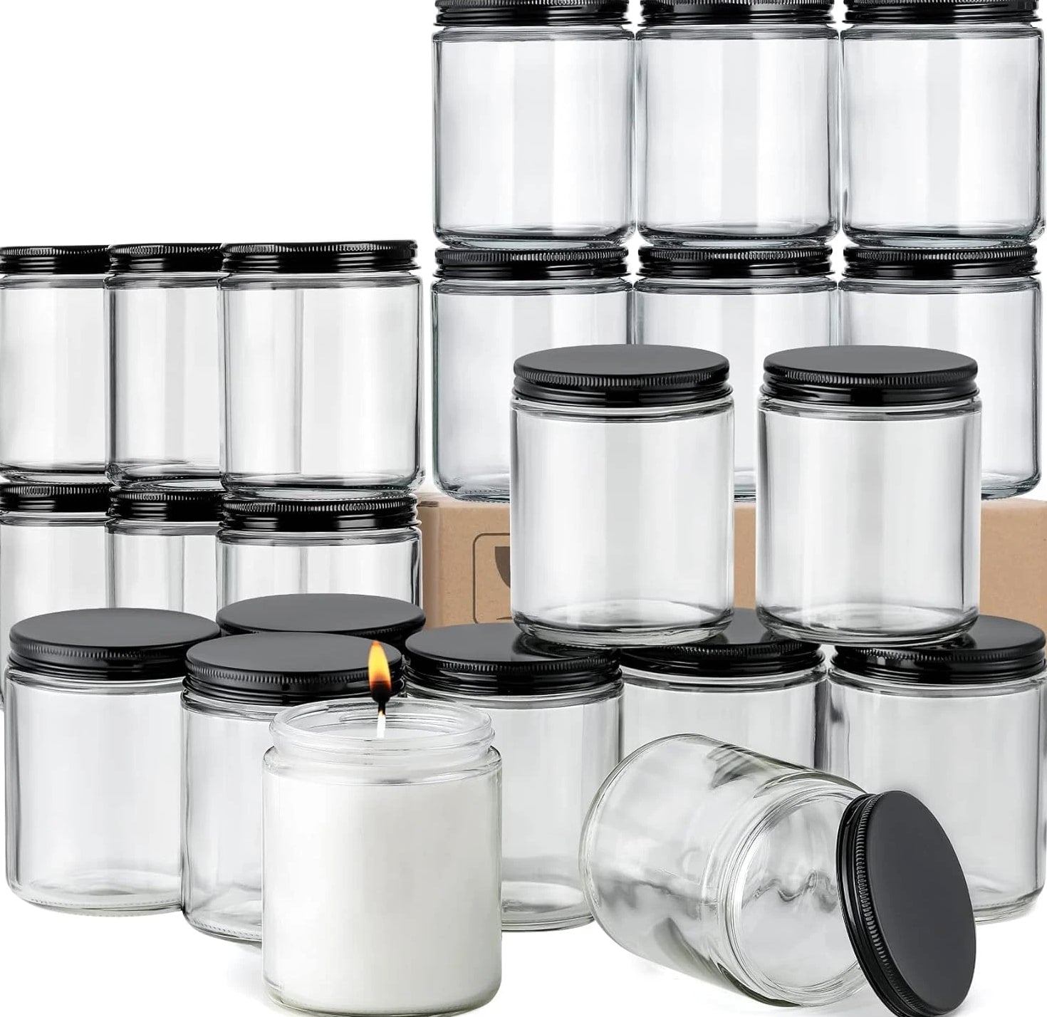 24 Pc, 8 OZ Thick Glass Jars with Metal Lids, Clear Round Candle Making Jars