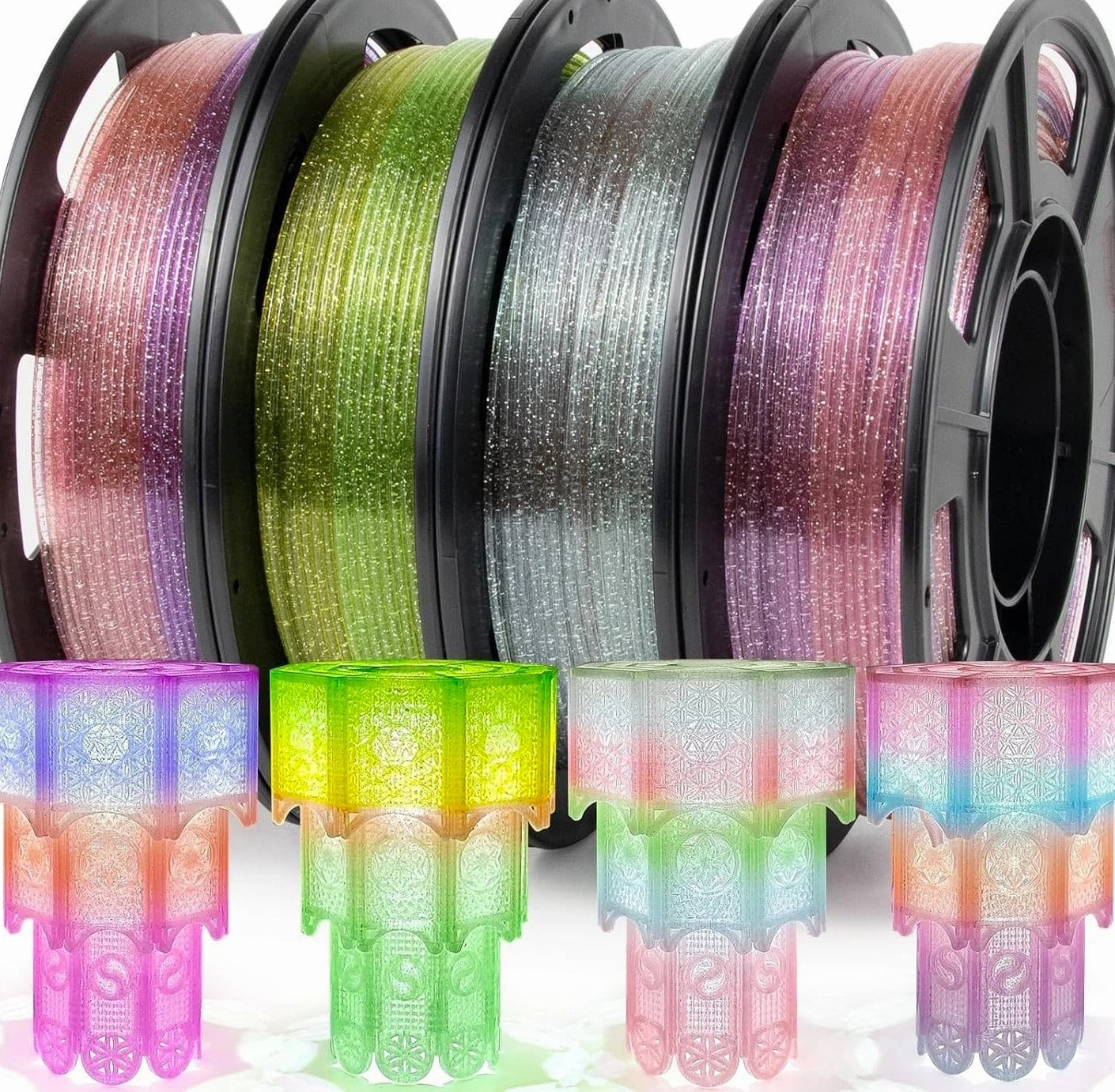Premium PETG Filament 1.75mm - Transparent Glitter, 4 Spools, Long-Lasting