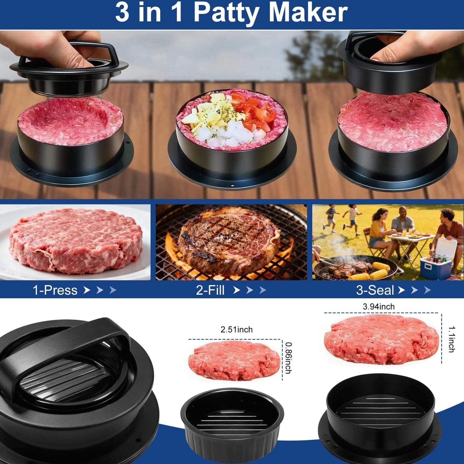 8 Pcs Smash Burger Press Kit - Burger Press, 3 in 1 Patty Maker, Hamburger Spatu...
