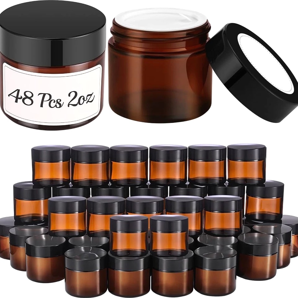 2 oz Glass Jars with Lids, 48 Pcs Small Amber Glass Candle Jars, Black Lids