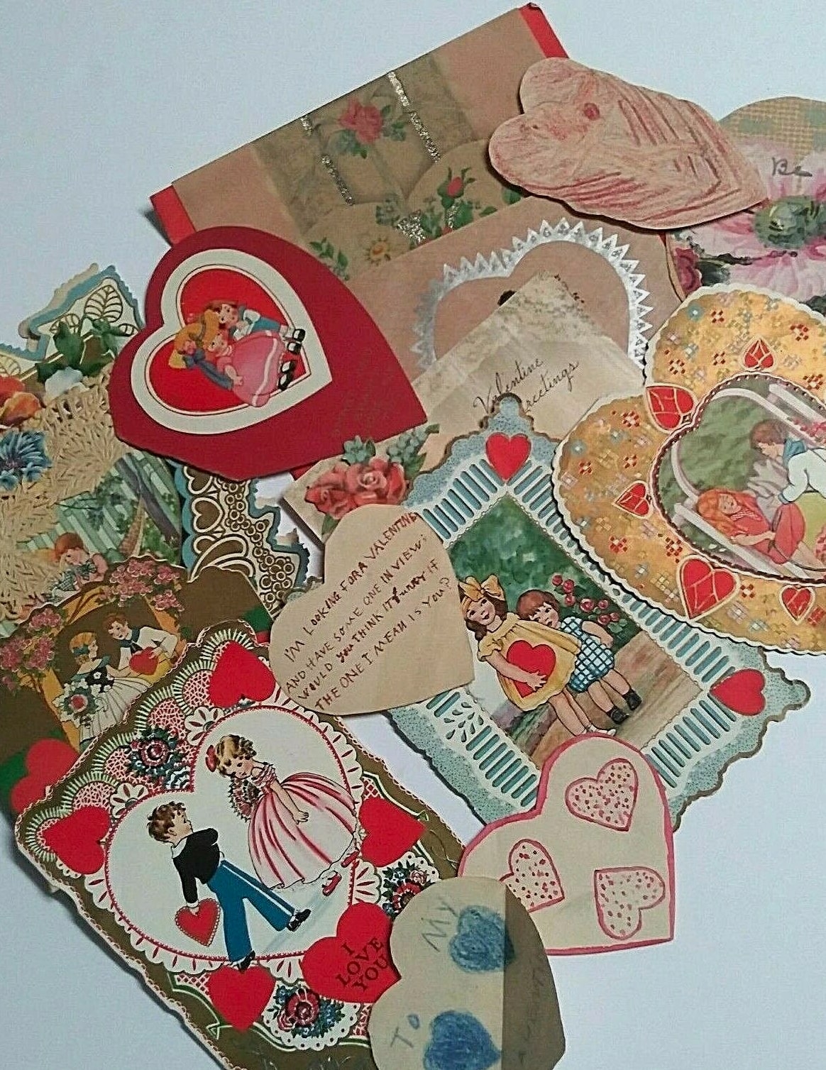 Valentine's Day Die Cut Handmade Vintage Love Hearts Card Lot - 14 Pieces, 3"-8" each