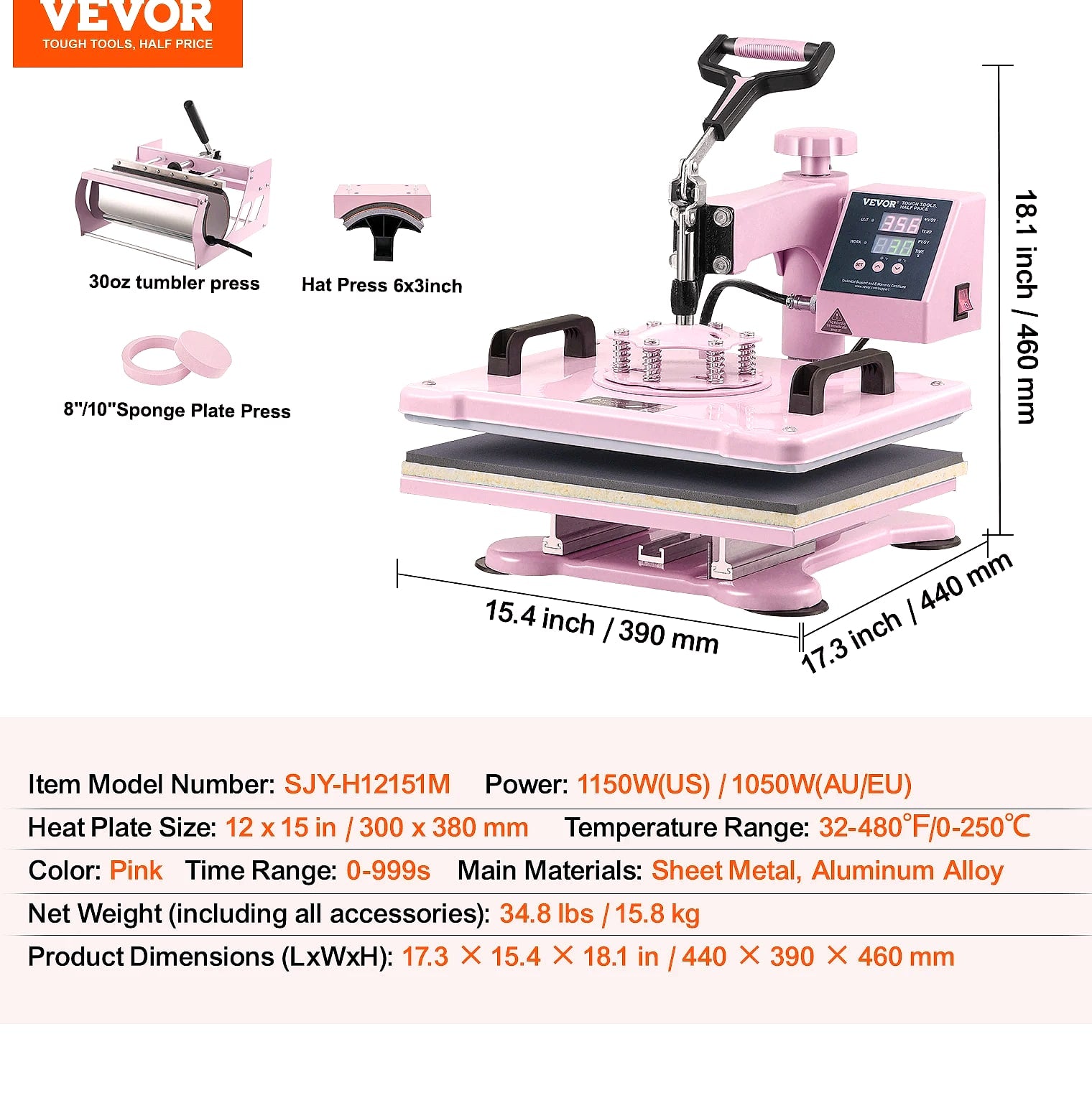 SucceBuy 12 x 15 inch Heat Press Machine with 8 Attachments for Heat Transfer