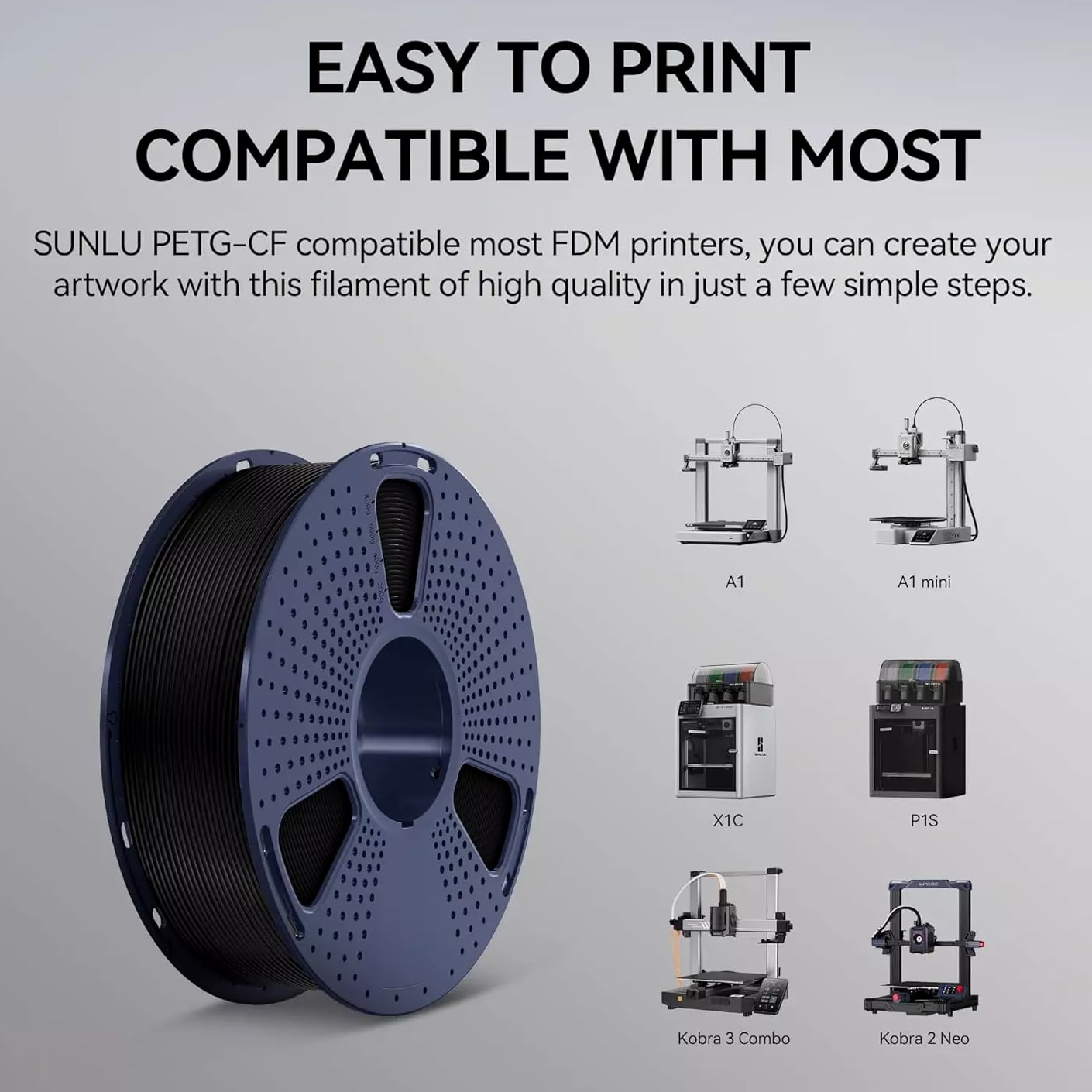 SUNLU 1.75mm PETG Carbon Fiber Filament High Impact Strength 1KG Matte Black