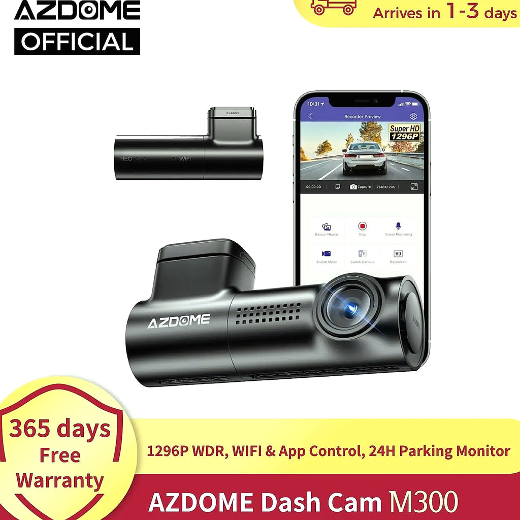 AZDOME 1296P WiFi Dash Cam with Night Vision and G-Sensor
