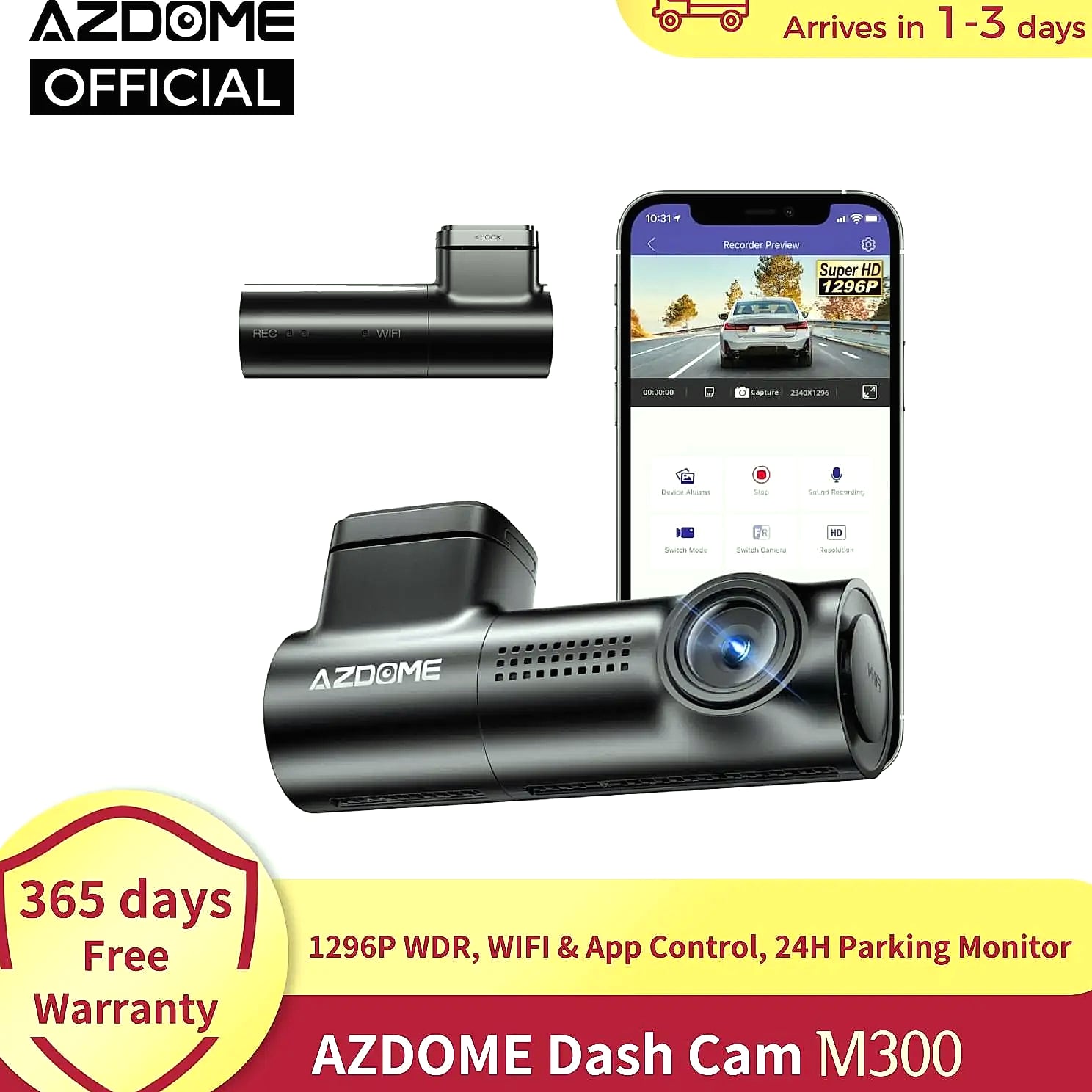 AZDOME 1296P WiFi Dash Cam with Night Vision and G-Sensor