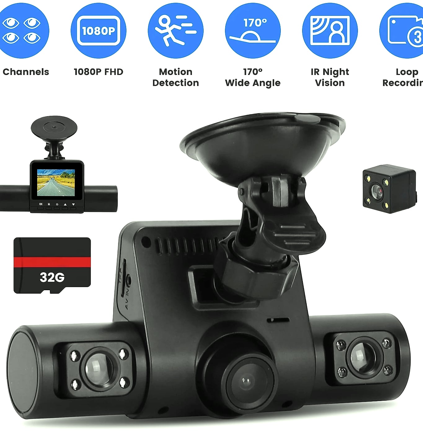 4 Channel 360° Dash Cam System 1080P Front 480P Interior