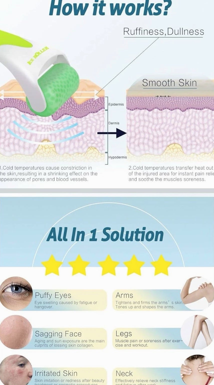 Ice Roller Prevent Wrinkles, Puffiness, Face & Eye, Migraine Pain Relief, Dry Skin